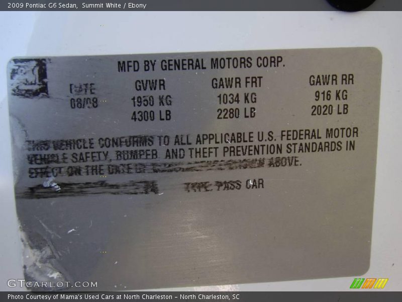 Summit White / Ebony 2009 Pontiac G6 Sedan