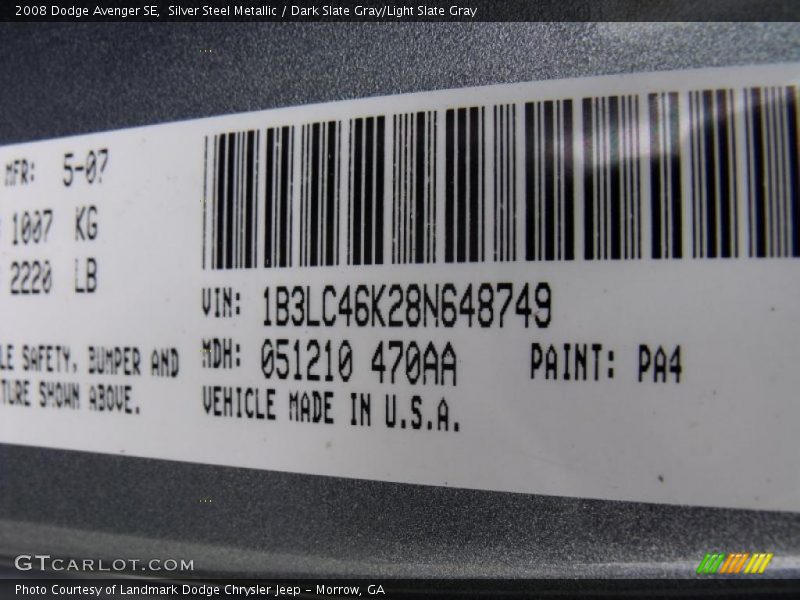 Silver Steel Metallic / Dark Slate Gray/Light Slate Gray 2008 Dodge Avenger SE