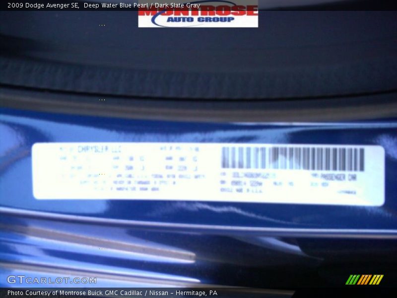 Deep Water Blue Pearl / Dark Slate Gray 2009 Dodge Avenger SE