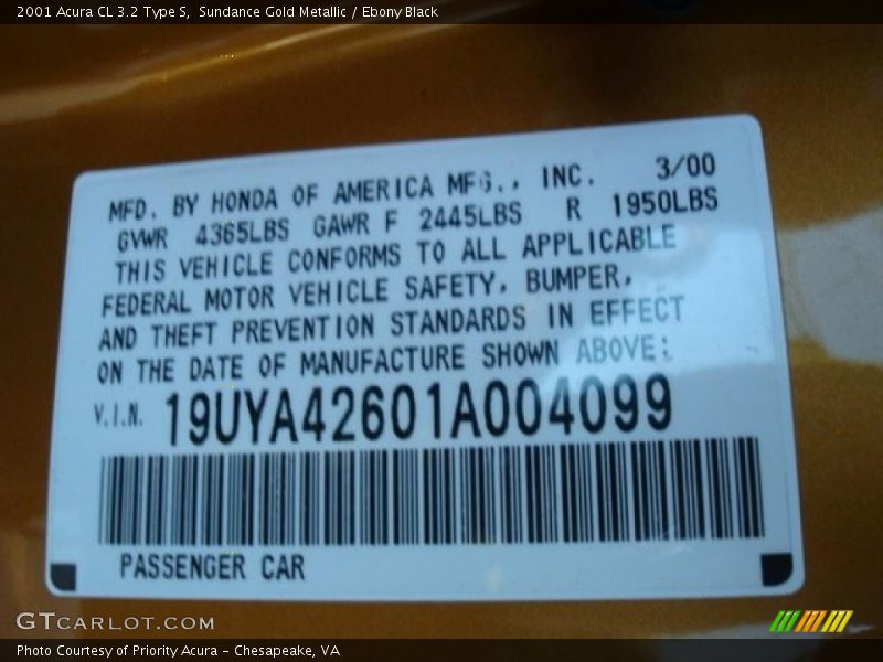 Sundance Gold Metallic / Ebony Black 2001 Acura CL 3.2 Type S