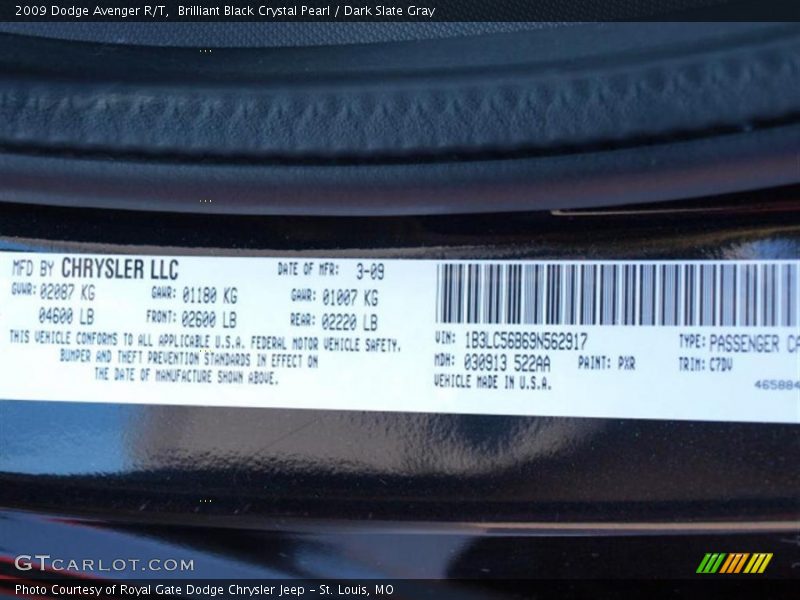 Brilliant Black Crystal Pearl / Dark Slate Gray 2009 Dodge Avenger R/T