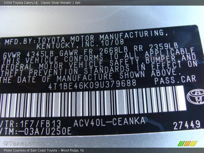 Classic Silver Metallic / Ash 2009 Toyota Camry LE