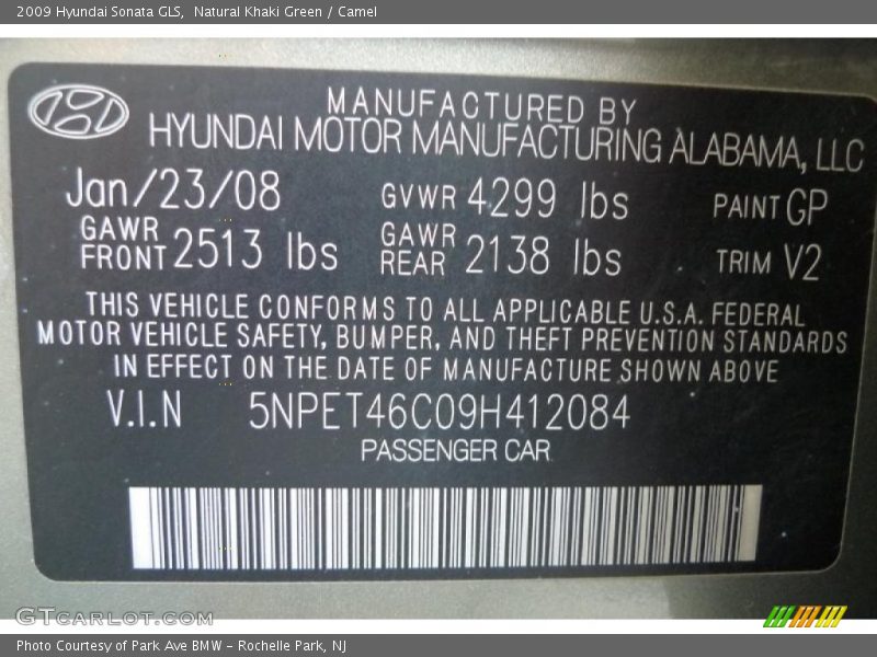 Natural Khaki Green / Camel 2009 Hyundai Sonata GLS