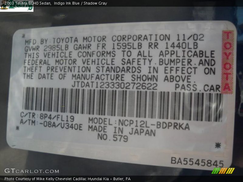 Indigo Ink Blue / Shadow Gray 2003 Toyota ECHO Sedan