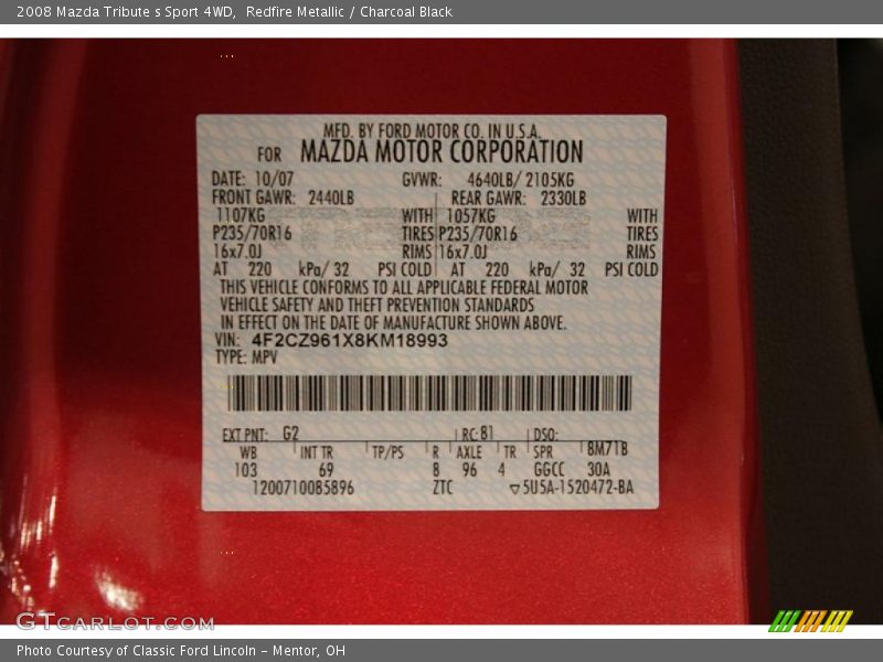 Redfire Metallic / Charcoal Black 2008 Mazda Tribute s Sport 4WD