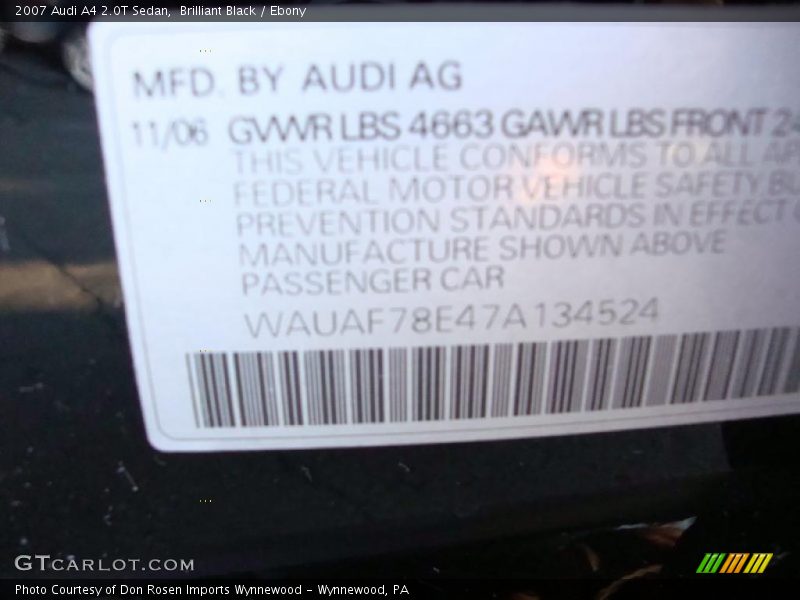 Brilliant Black / Ebony 2007 Audi A4 2.0T Sedan