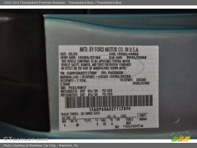 Thunderbird Blue / Thunderbird Blue 2002 Ford Thunderbird Premium Roadster