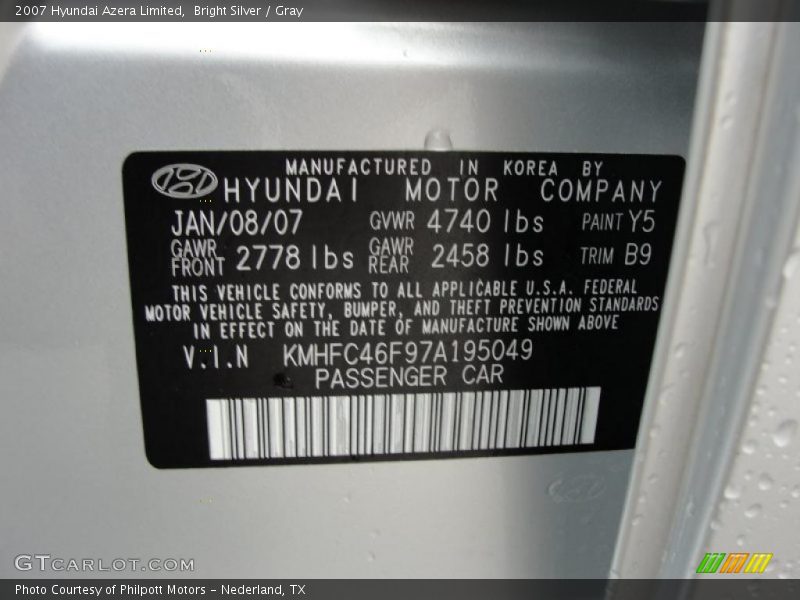 Bright Silver / Gray 2007 Hyundai Azera Limited
