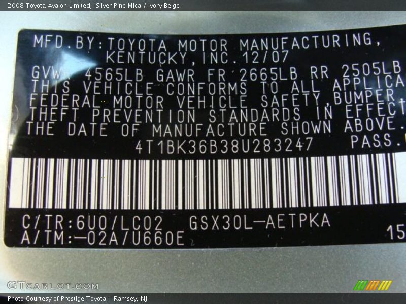 2008 Avalon Limited Silver Pine Mica Color Code 6U0