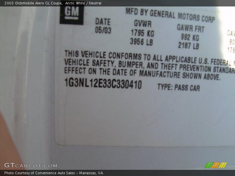 Arctic White / Neutral 2003 Oldsmobile Alero GL Coupe