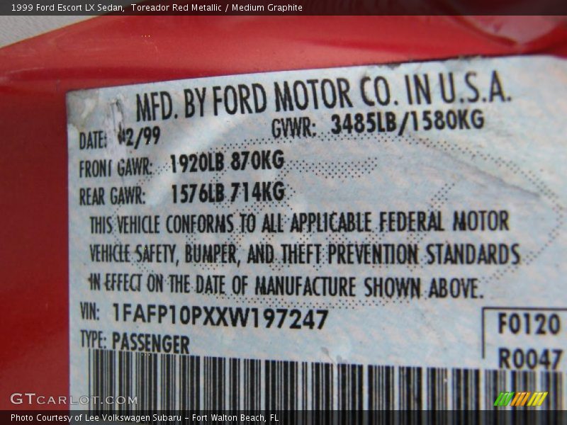 Toreador Red Metallic / Medium Graphite 1999 Ford Escort LX Sedan
