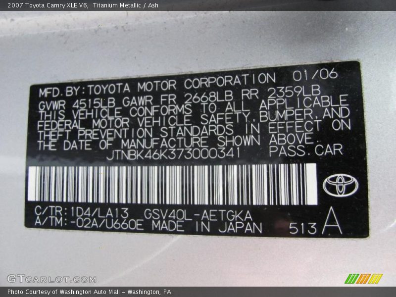 Titanium Metallic / Ash 2007 Toyota Camry XLE V6