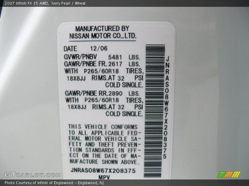 Ivory Pearl / Wheat 2007 Infiniti FX 35 AWD