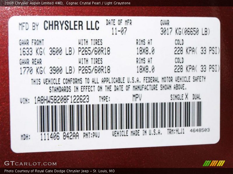 Cognac Crystal Pearl / Light Graystone 2008 Chrysler Aspen Limited 4WD