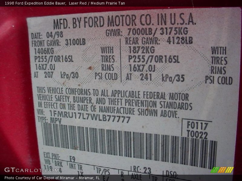 Laser Red / Medium Prairie Tan 1998 Ford Expedition Eddie Bauer