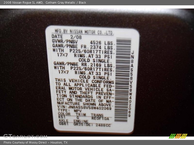 2008 Rogue SL AWD Gotham Gray Metallic Color Code K51