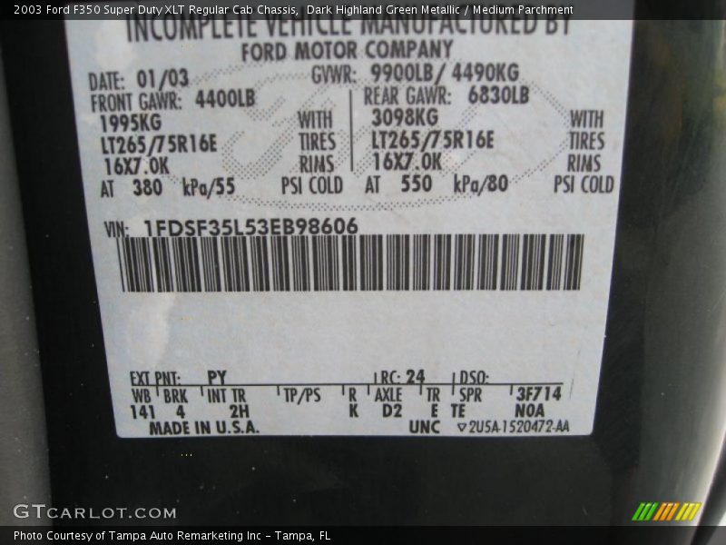 Dark Highland Green Metallic / Medium Parchment 2003 Ford F350 Super Duty XLT Regular Cab Chassis