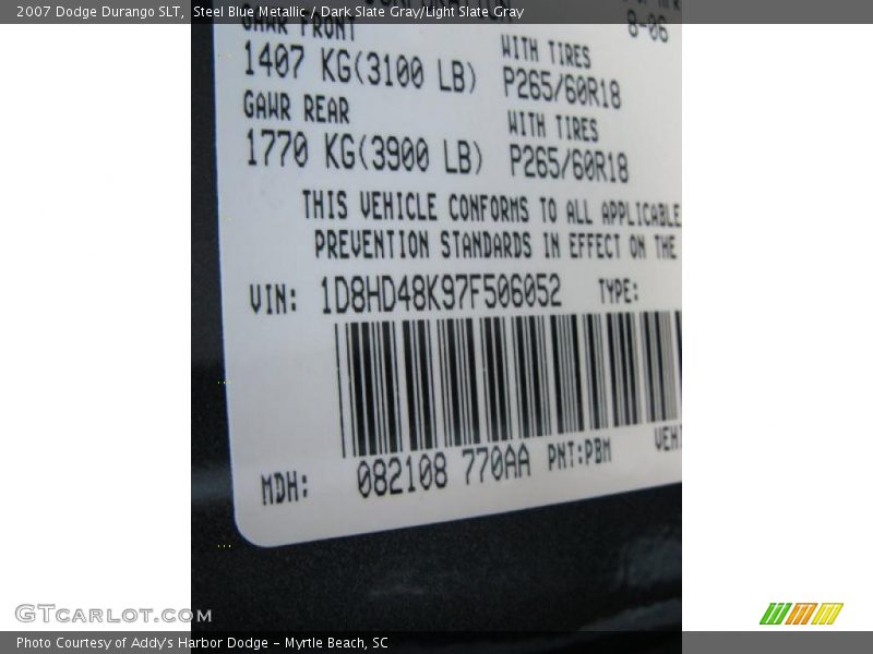 Steel Blue Metallic / Dark Slate Gray/Light Slate Gray 2007 Dodge Durango SLT