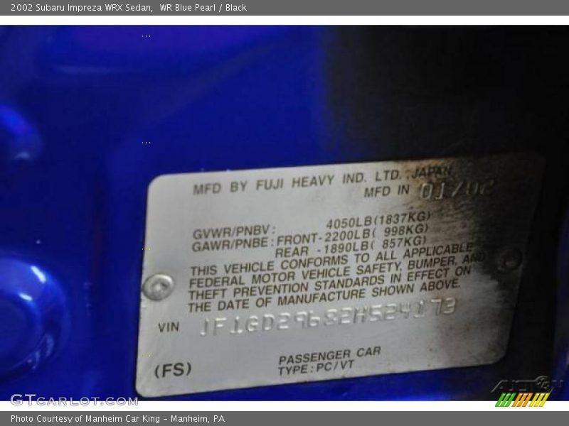 WR Blue Pearl / Black 2002 Subaru Impreza WRX Sedan