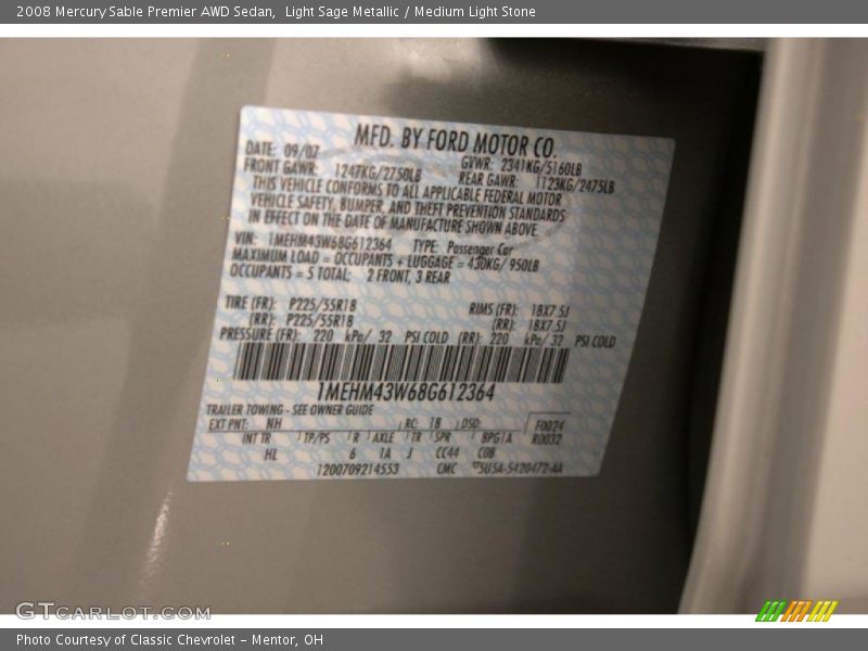 Light Sage Metallic / Medium Light Stone 2008 Mercury Sable Premier AWD Sedan