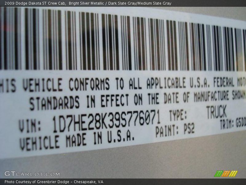 Bright Silver Metallic / Dark Slate Gray/Medium Slate Gray 2009 Dodge Dakota ST Crew Cab
