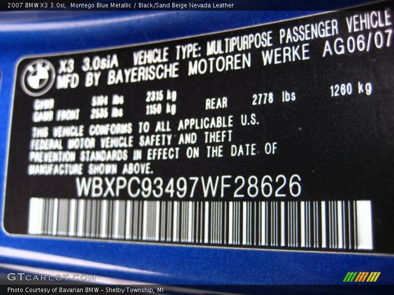 Montego Blue Metallic / Black/Sand Beige Nevada Leather 2007 BMW X3 3.0si