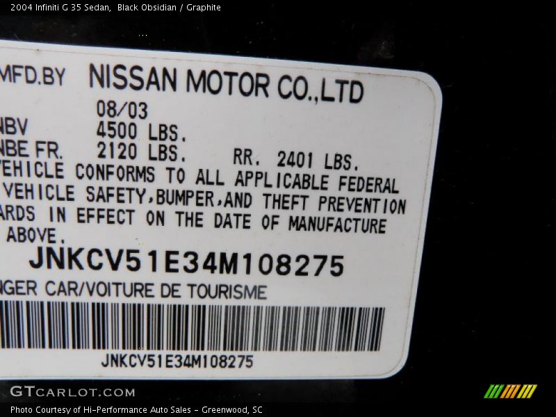 Black Obsidian / Graphite 2004 Infiniti G 35 Sedan