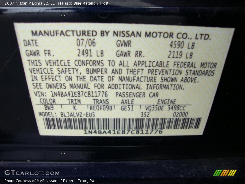 Majestic Blue Metallic / Frost 2007 Nissan Maxima 3.5 SL