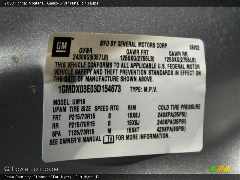 Galaxy Silver Metallic / Taupe 2003 Pontiac Montana