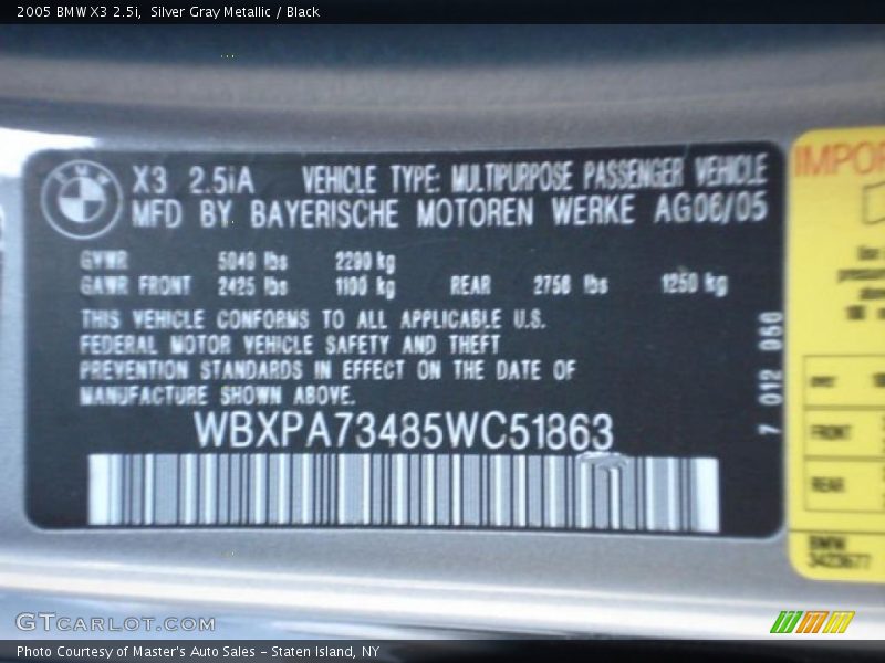 Silver Gray Metallic / Black 2005 BMW X3 2.5i