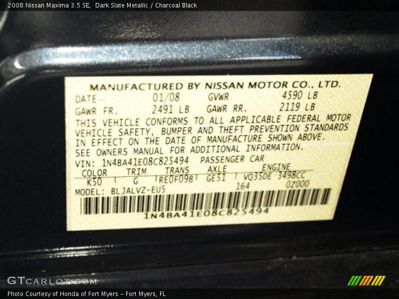 Dark Slate Metallic / Charcoal Black 2008 Nissan Maxima 3.5 SE