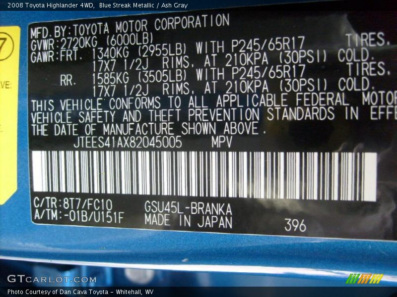 Blue Streak Metallic / Ash Gray 2008 Toyota Highlander 4WD