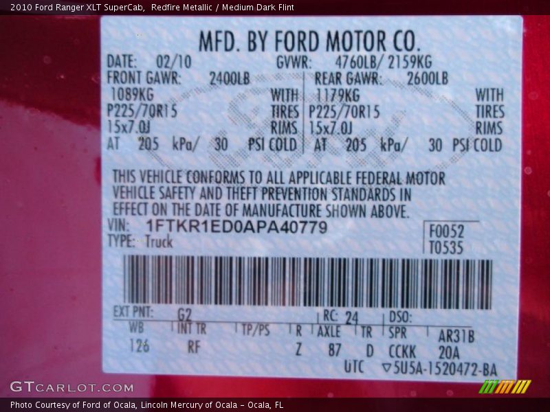 Redfire Metallic / Medium Dark Flint 2010 Ford Ranger XLT SuperCab