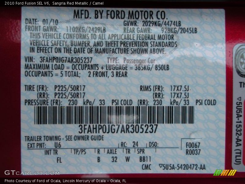 Sangria Red Metallic / Camel 2010 Ford Fusion SEL V6