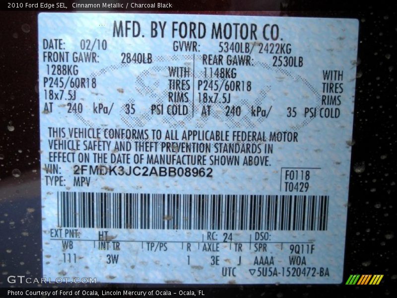 Cinnamon Metallic / Charcoal Black 2010 Ford Edge SEL