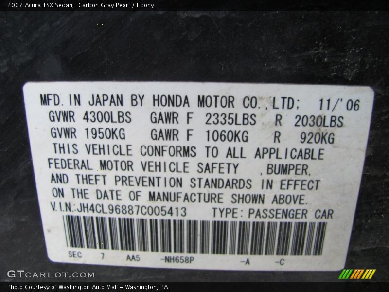 Carbon Gray Pearl / Ebony 2007 Acura TSX Sedan