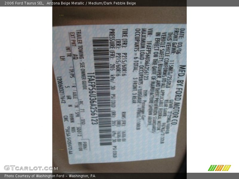 Arizona Beige Metallic / Medium/Dark Pebble Beige 2006 Ford Taurus SEL