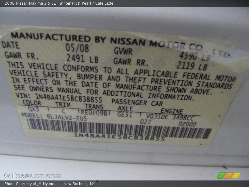 Winter Frost Pearl / Cafe Latte 2008 Nissan Maxima 3.5 SE