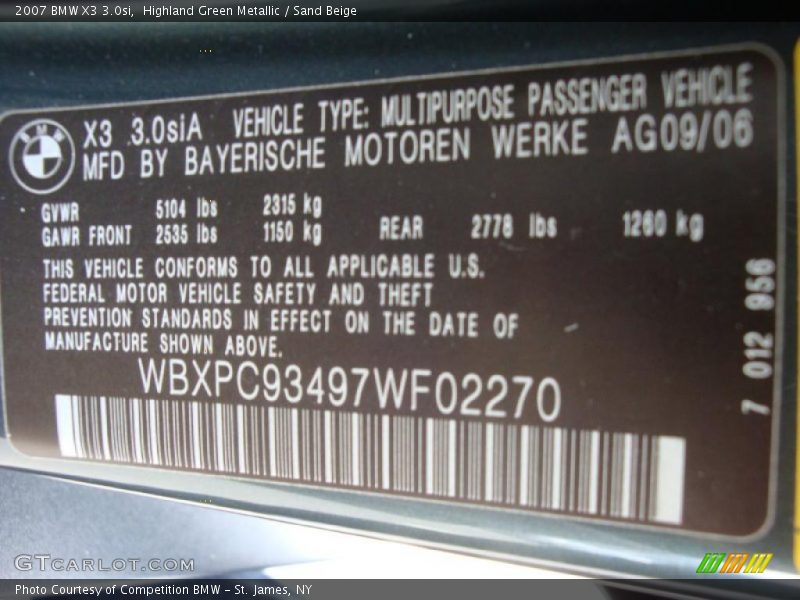 Highland Green Metallic / Sand Beige 2007 BMW X3 3.0si