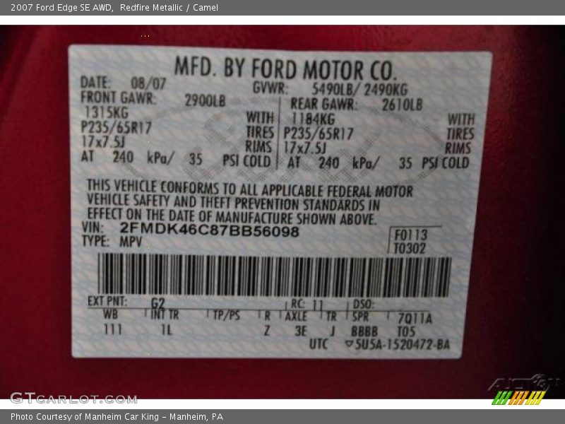 Redfire Metallic / Camel 2007 Ford Edge SE AWD