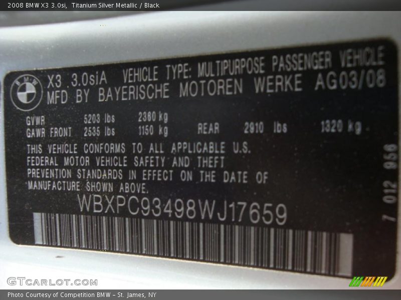 Titanium Silver Metallic / Black 2008 BMW X3 3.0si
