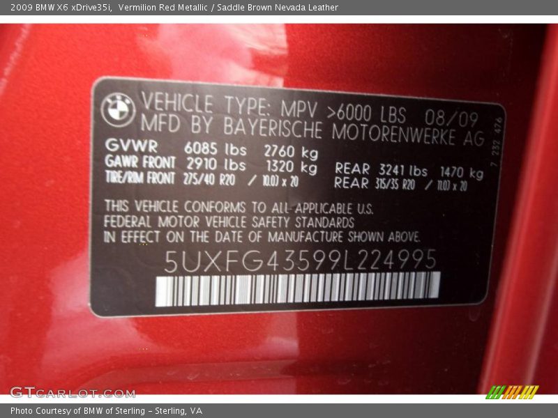 Vermilion Red Metallic / Saddle Brown Nevada Leather 2009 BMW X6 xDrive35i