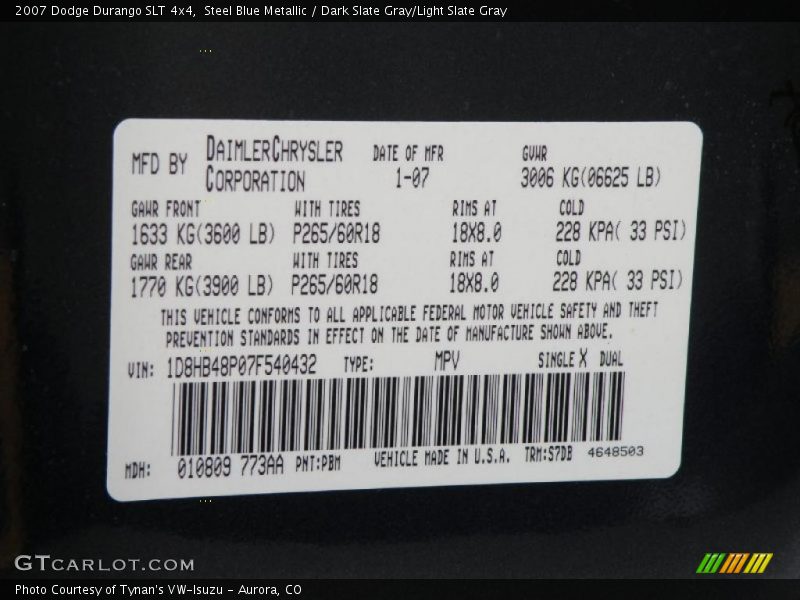 Steel Blue Metallic / Dark Slate Gray/Light Slate Gray 2007 Dodge Durango SLT 4x4