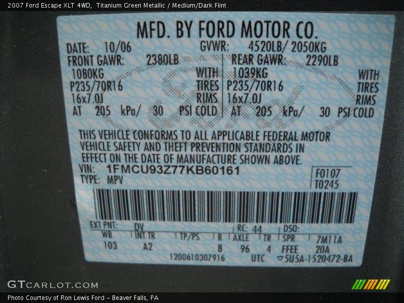 Titanium Green Metallic / Medium/Dark Flint 2007 Ford Escape XLT 4WD