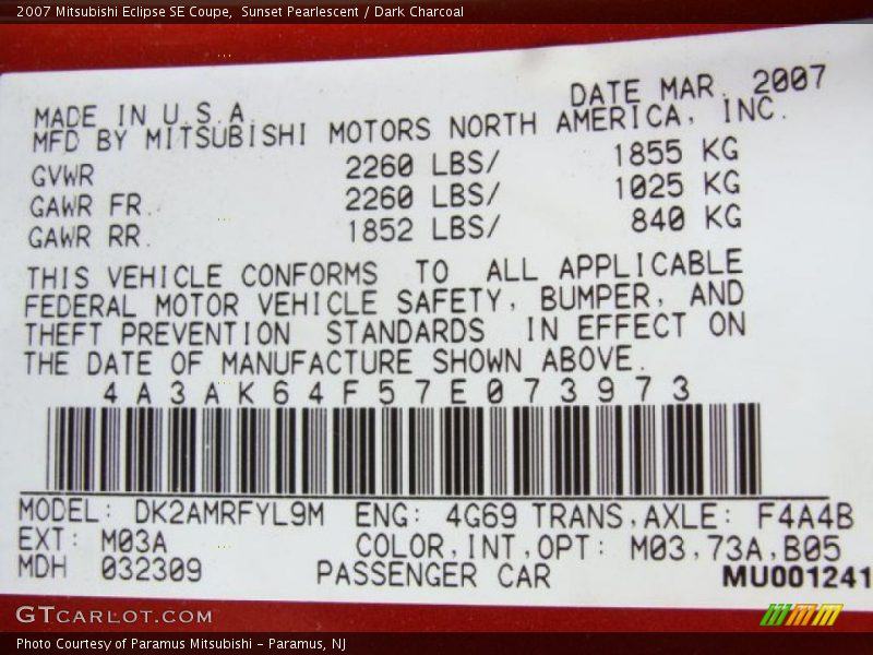 Sunset Pearlescent / Dark Charcoal 2007 Mitsubishi Eclipse SE Coupe