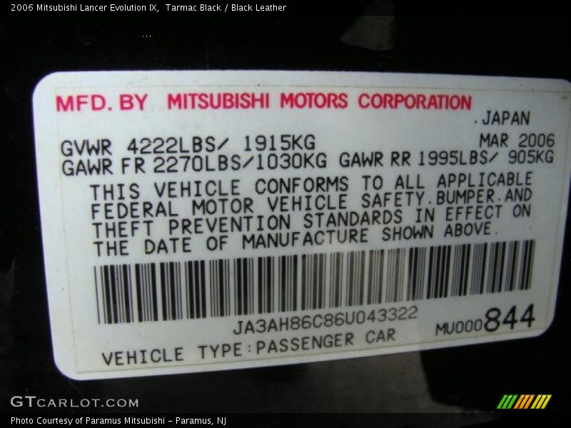 Tarmac Black / Black Leather 2006 Mitsubishi Lancer Evolution IX