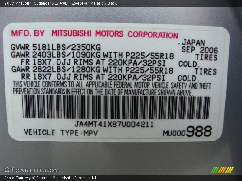 Cool Silver Metallic / Black 2007 Mitsubishi Outlander XLS 4WD
