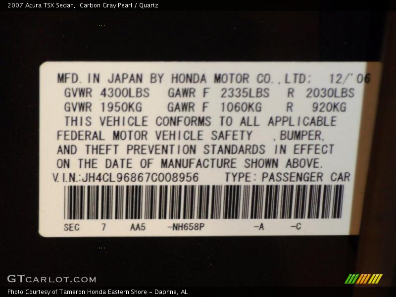 Carbon Gray Pearl / Quartz 2007 Acura TSX Sedan