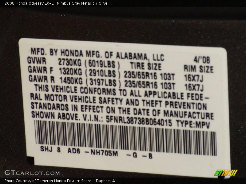 Nimbus Gray Metallic / Olive 2008 Honda Odyssey EX-L