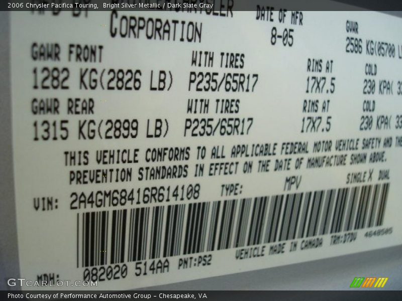 Bright Silver Metallic / Dark Slate Gray 2006 Chrysler Pacifica Touring